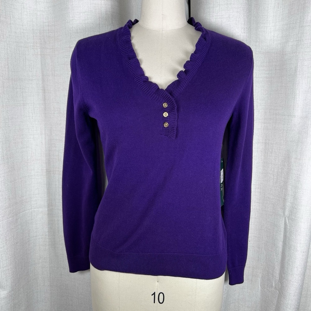 NEW Lauren Ralph Lauren Purple Sweater Ruffle V Neck Gold Buttons Medium Classic